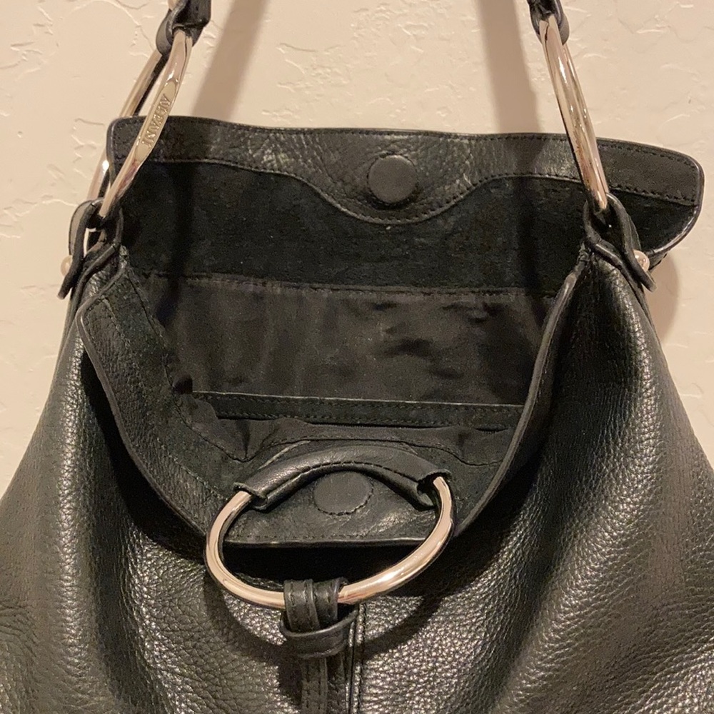 Alfani Black Leather magnetic close and flap over shoulder bag fringe and silver - Picture 5 of 15